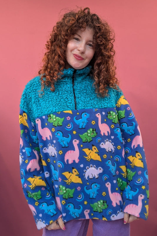 Half Zip Lite in Dino Fleece and Blue Teddy