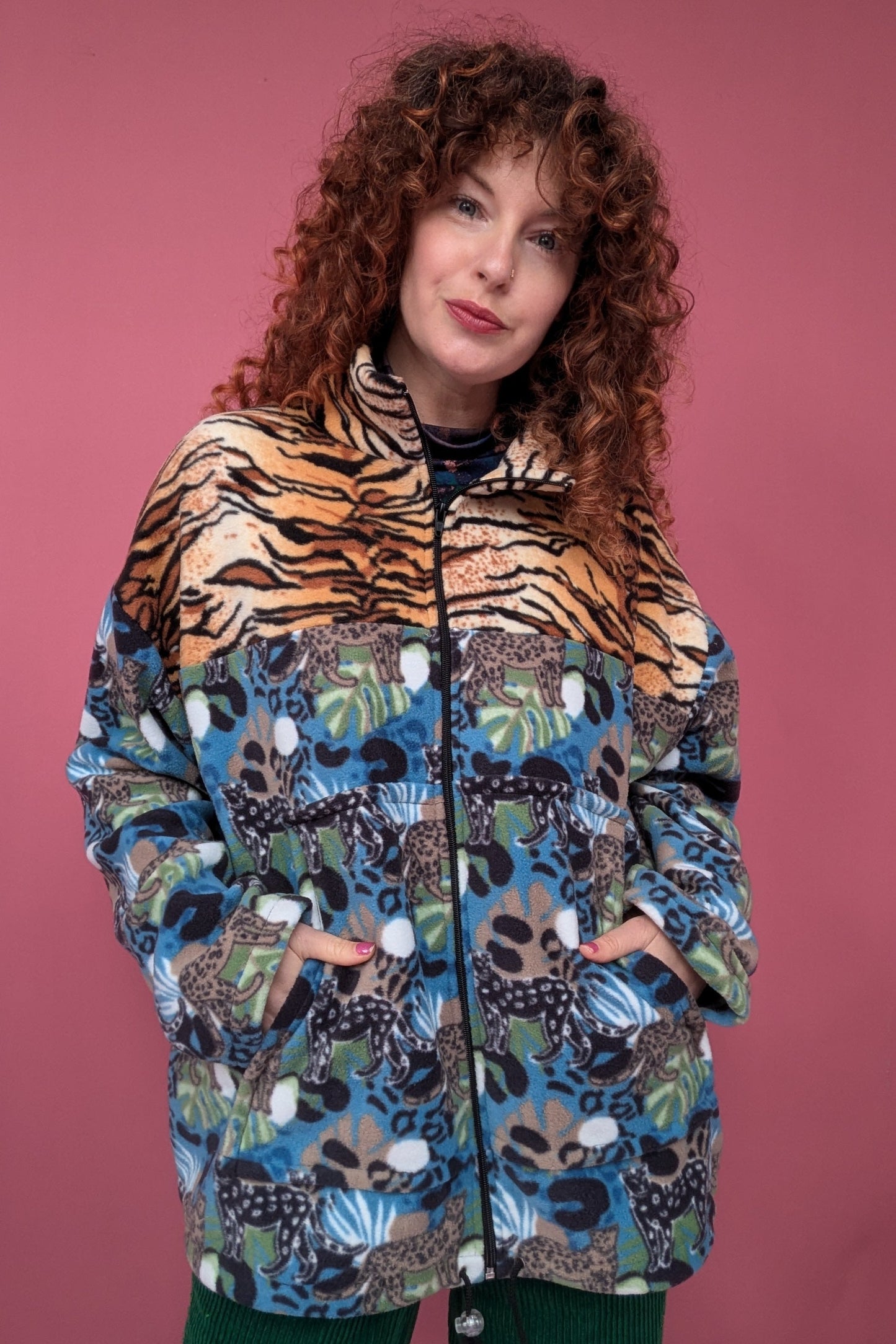 Full Zip Jumper in Leopards and Leaves Fleece and Tiger