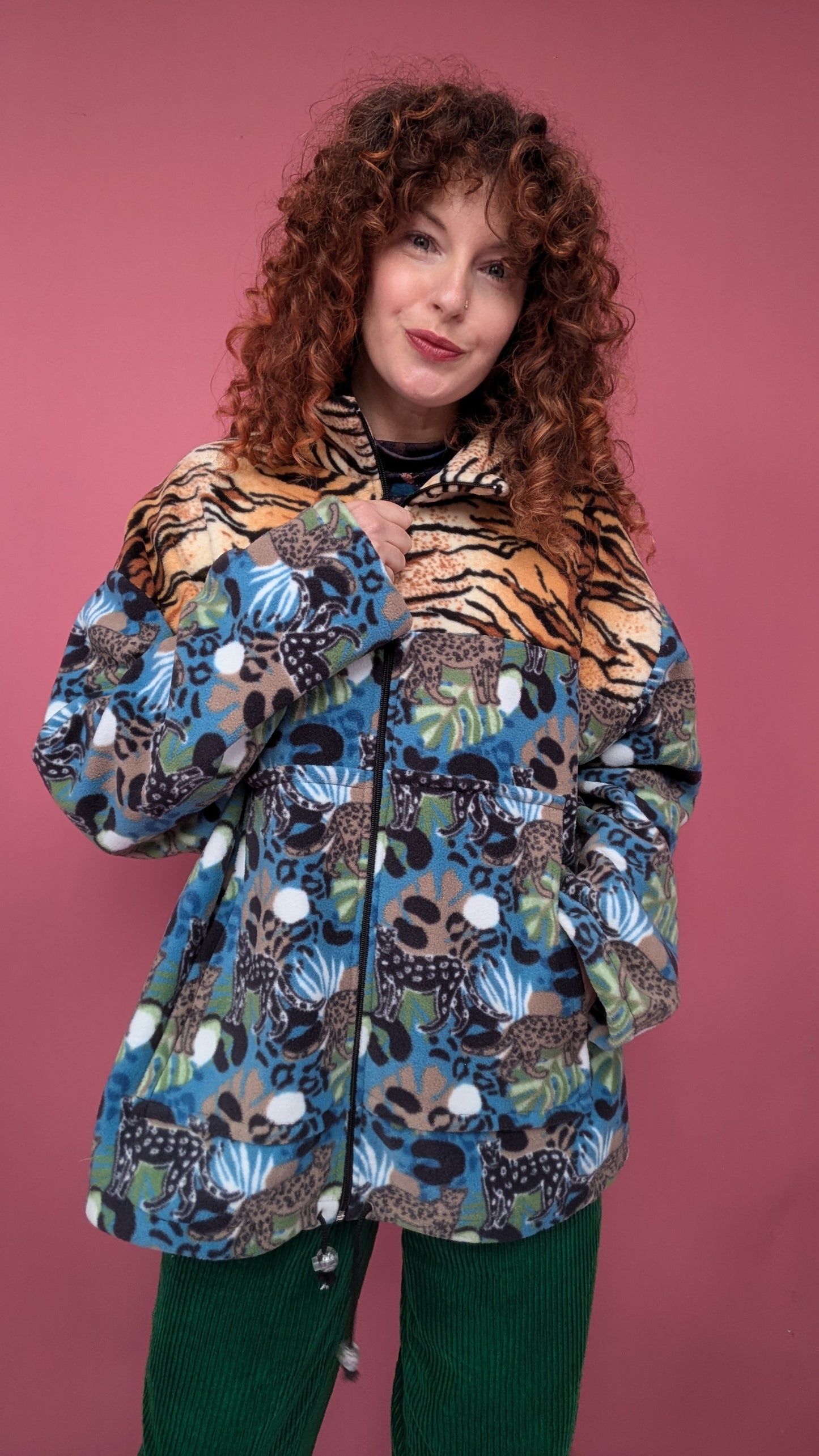 Full Zip Jumper in Leopards and Leaves Fleece and Tiger