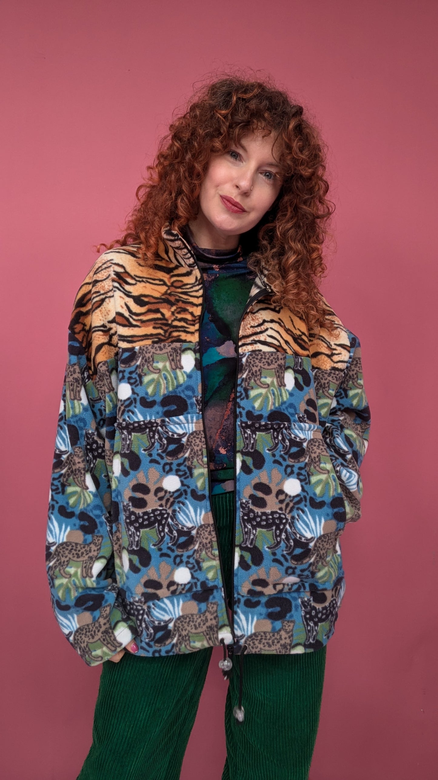 Full Zip Jumper in Leopards and Leaves Fleece and Tiger
