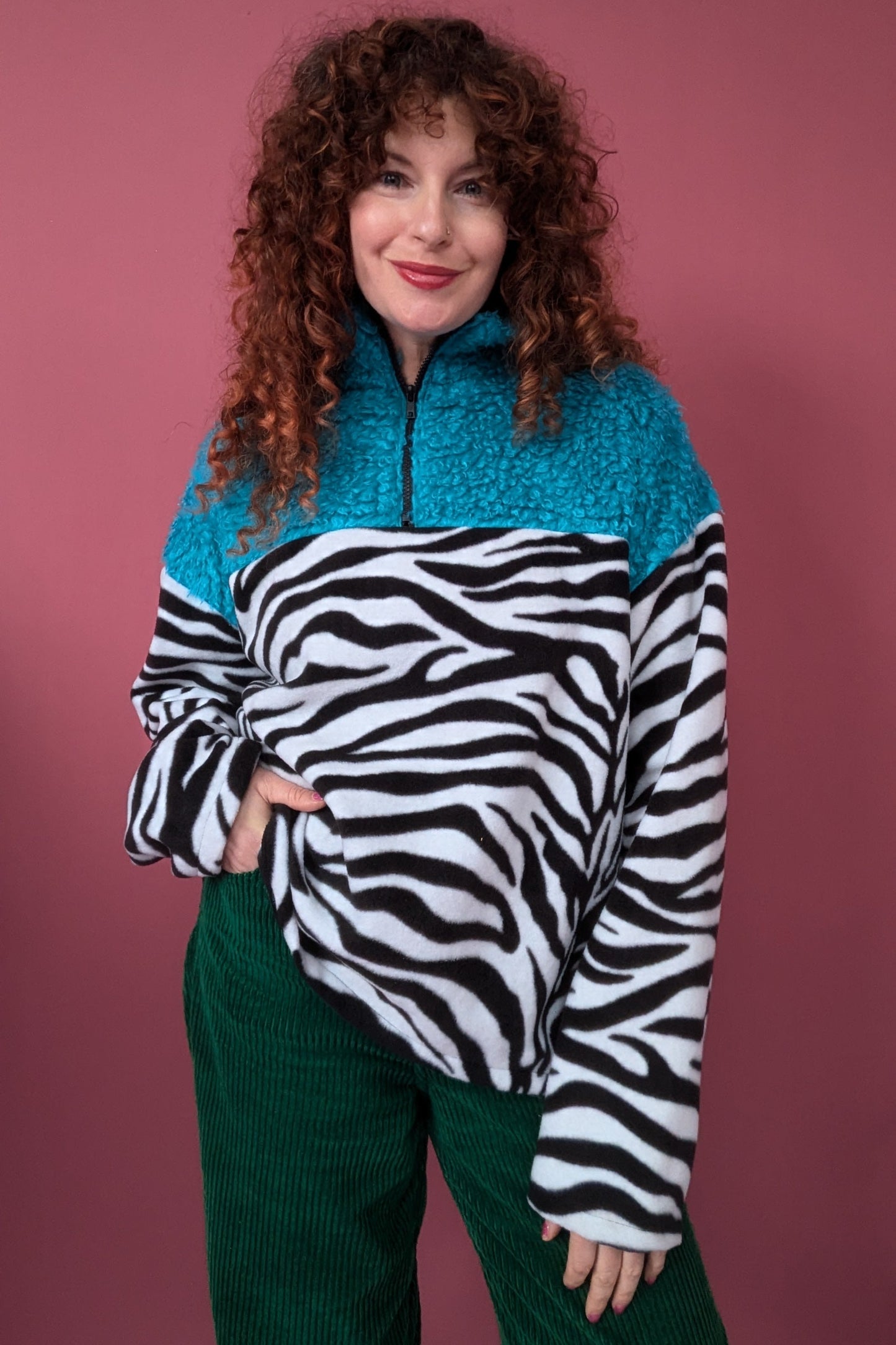 Half Zip Lite in Zebra and Blue Teddy