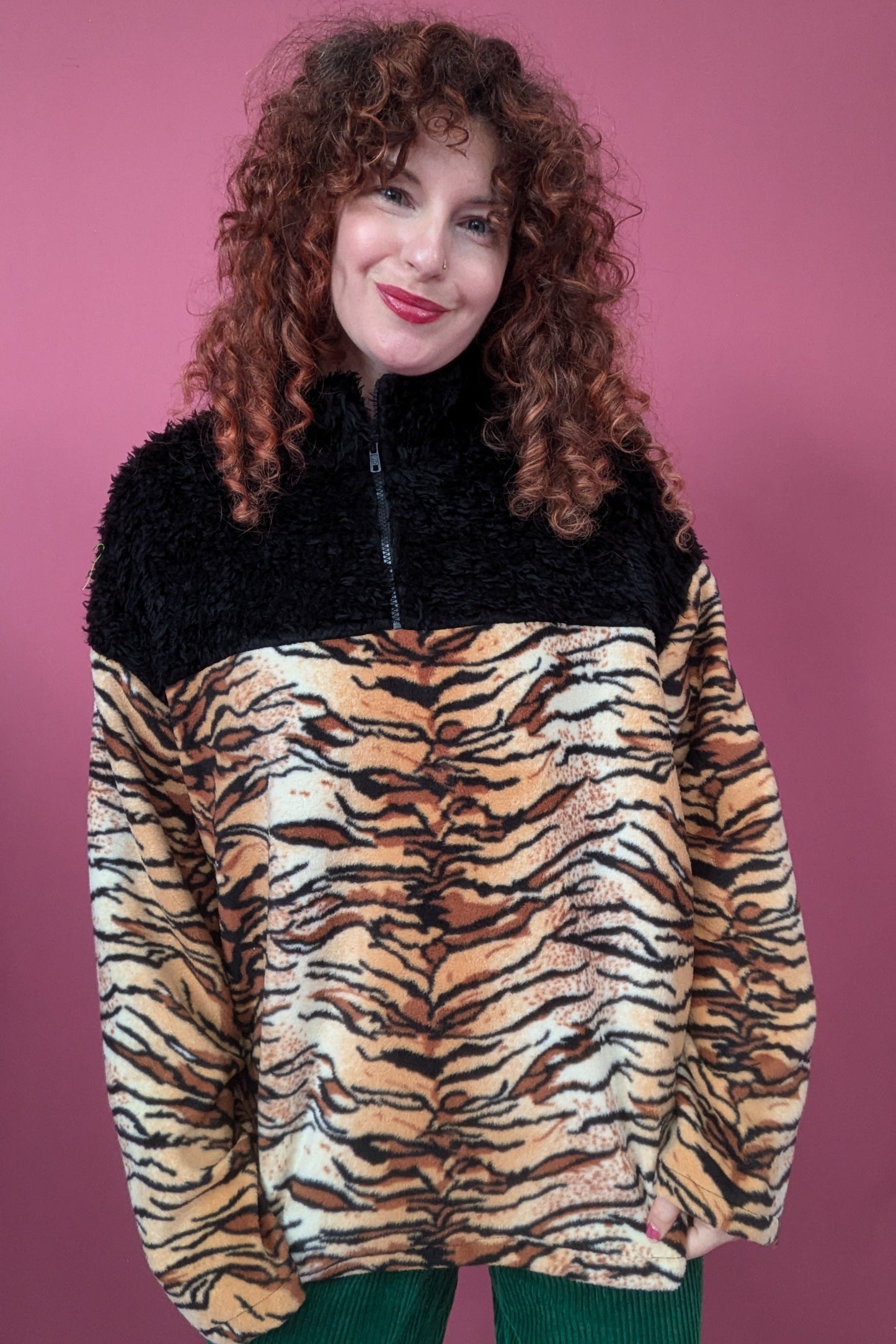 Half Zip Lite in Tiger Fleece with Black Teddy