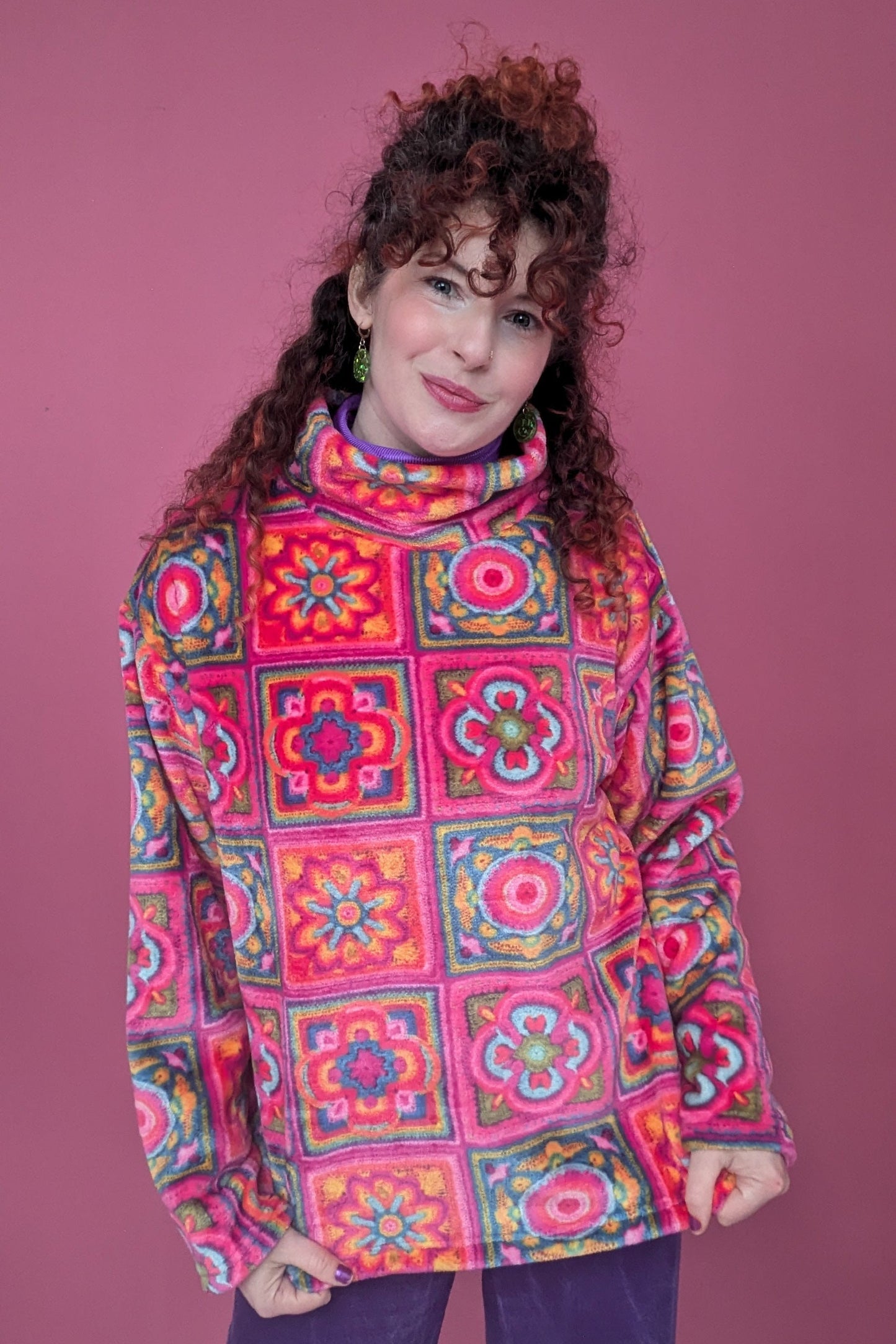 Funnel Neck Pullover in Pink Crochet Cuddle Fleece