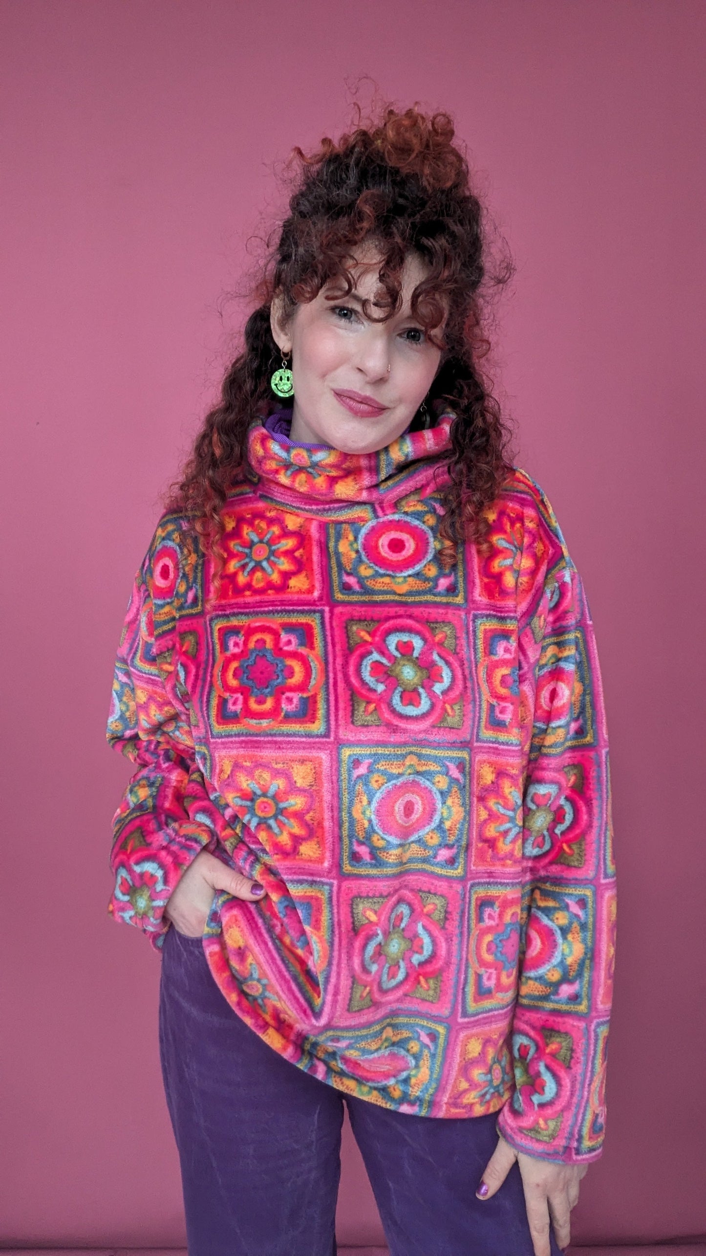 Funnel Neck Pullover in Pink Crochet Cuddle Fleece