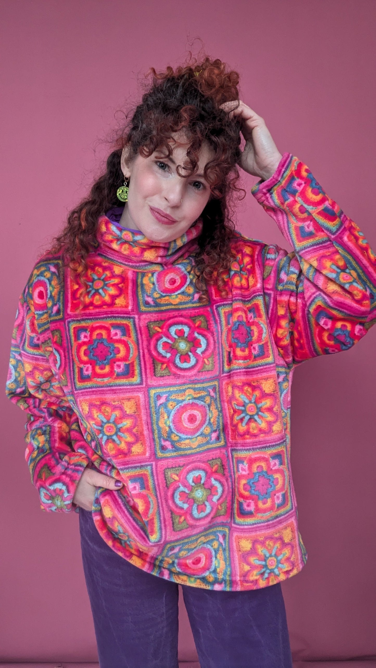 Funnel Neck Pullover in Pink Crochet Cuddle Fleece