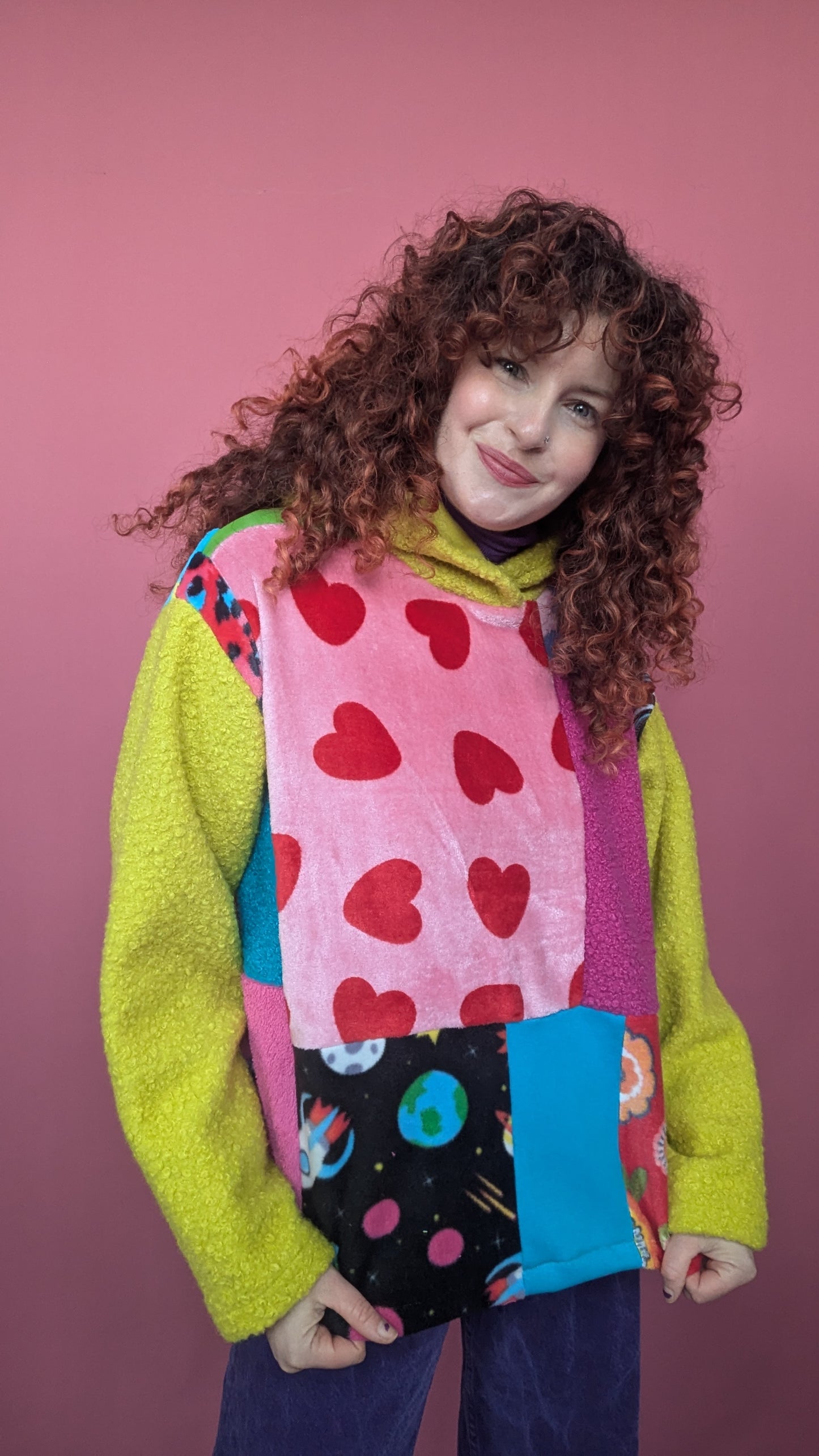 Patchwork and Lime Boucle Hooded Pullover