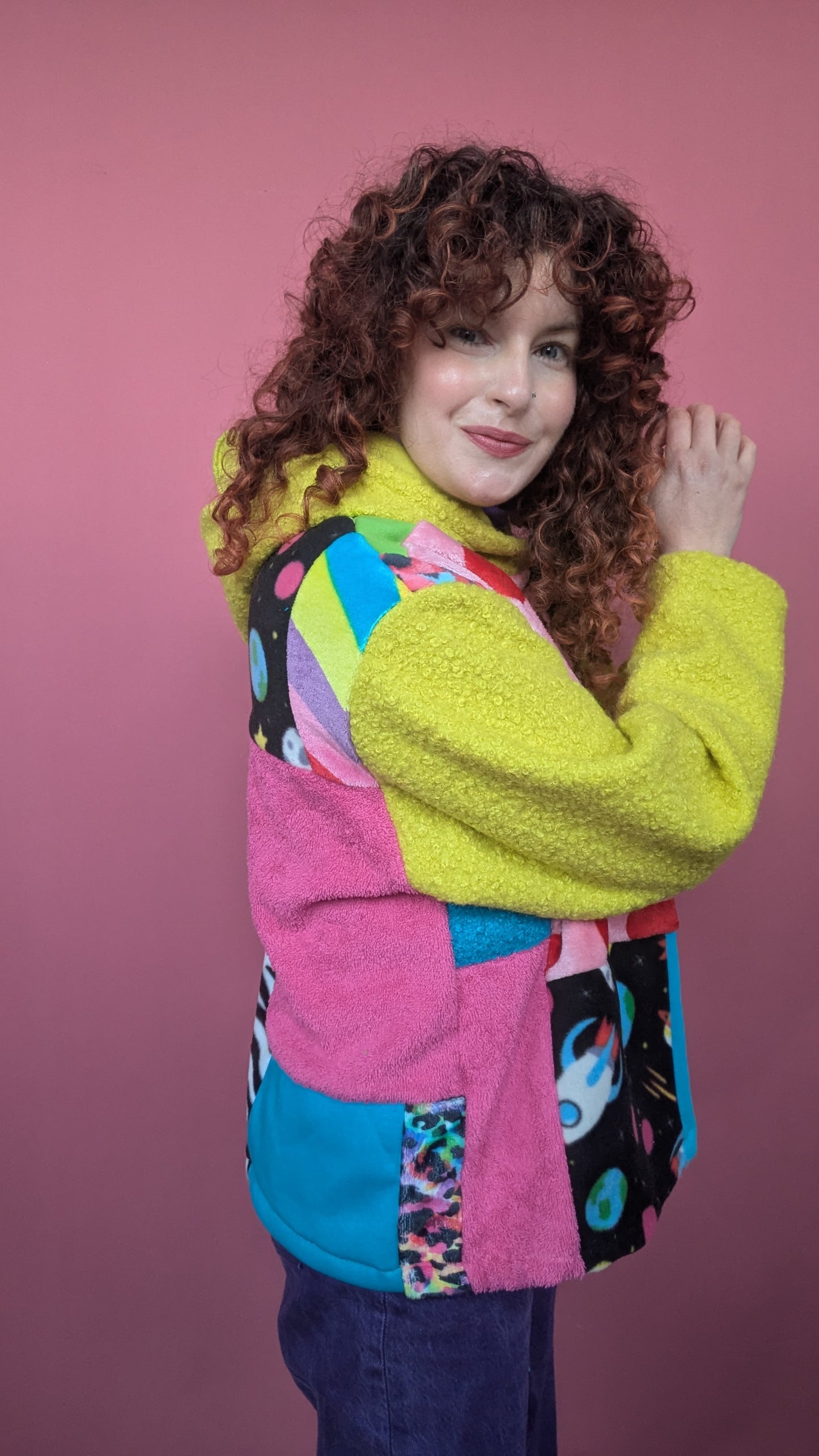 Patchwork and Lime Boucle Hooded Pullover