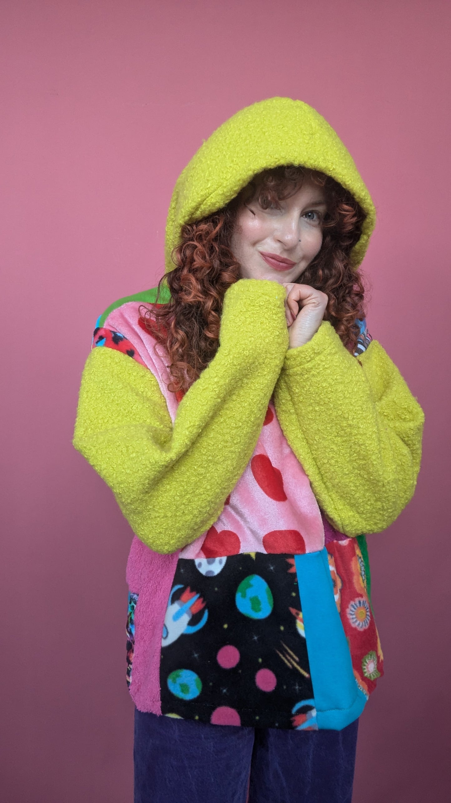 Patchwork and Lime Boucle Hooded Pullover