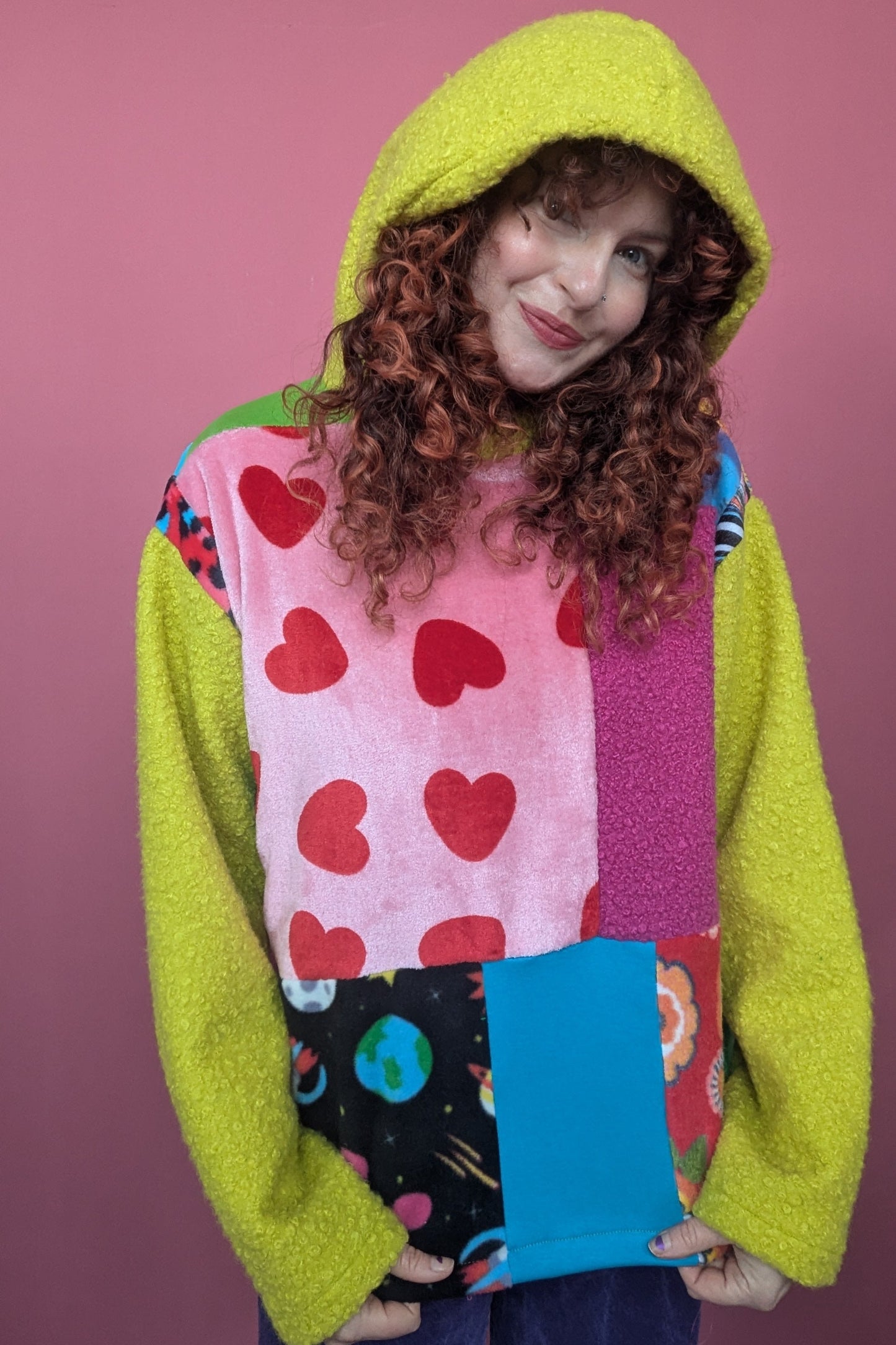 Patchwork and Lime Boucle Hooded Pullover