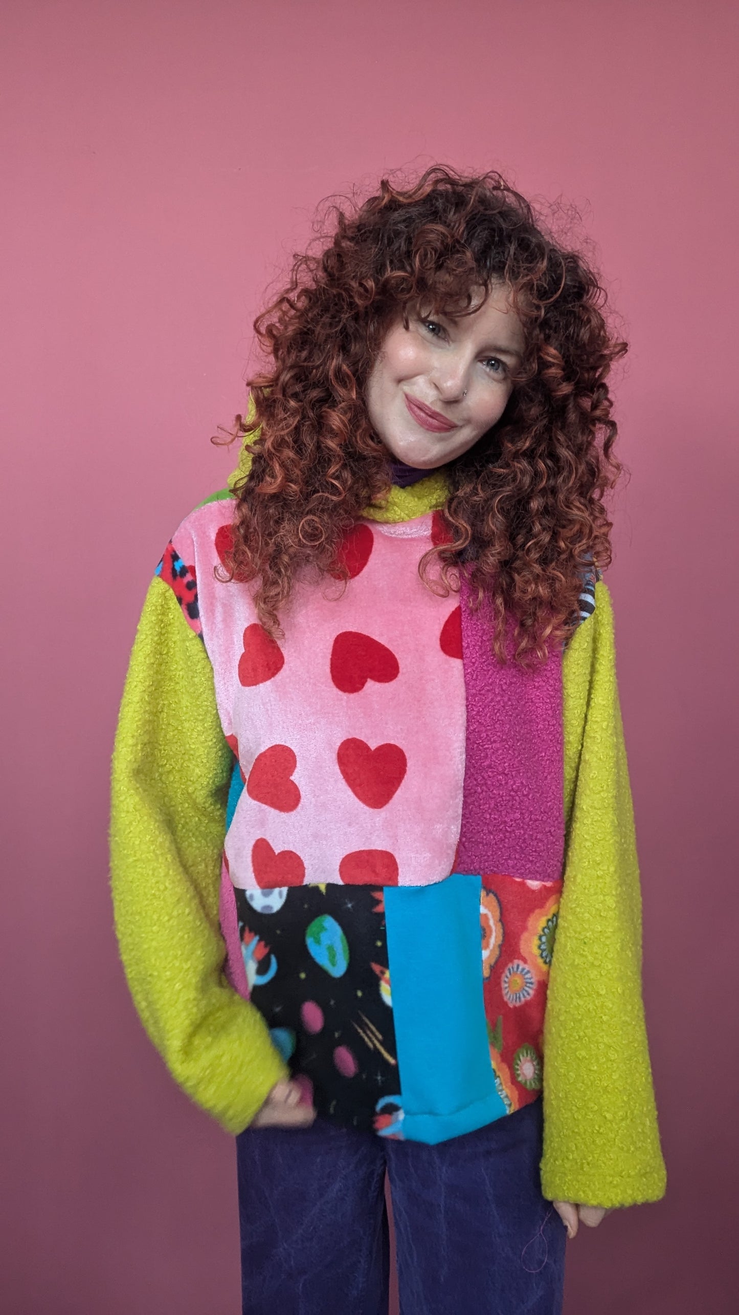 Patchwork and Lime Boucle Hooded Pullover