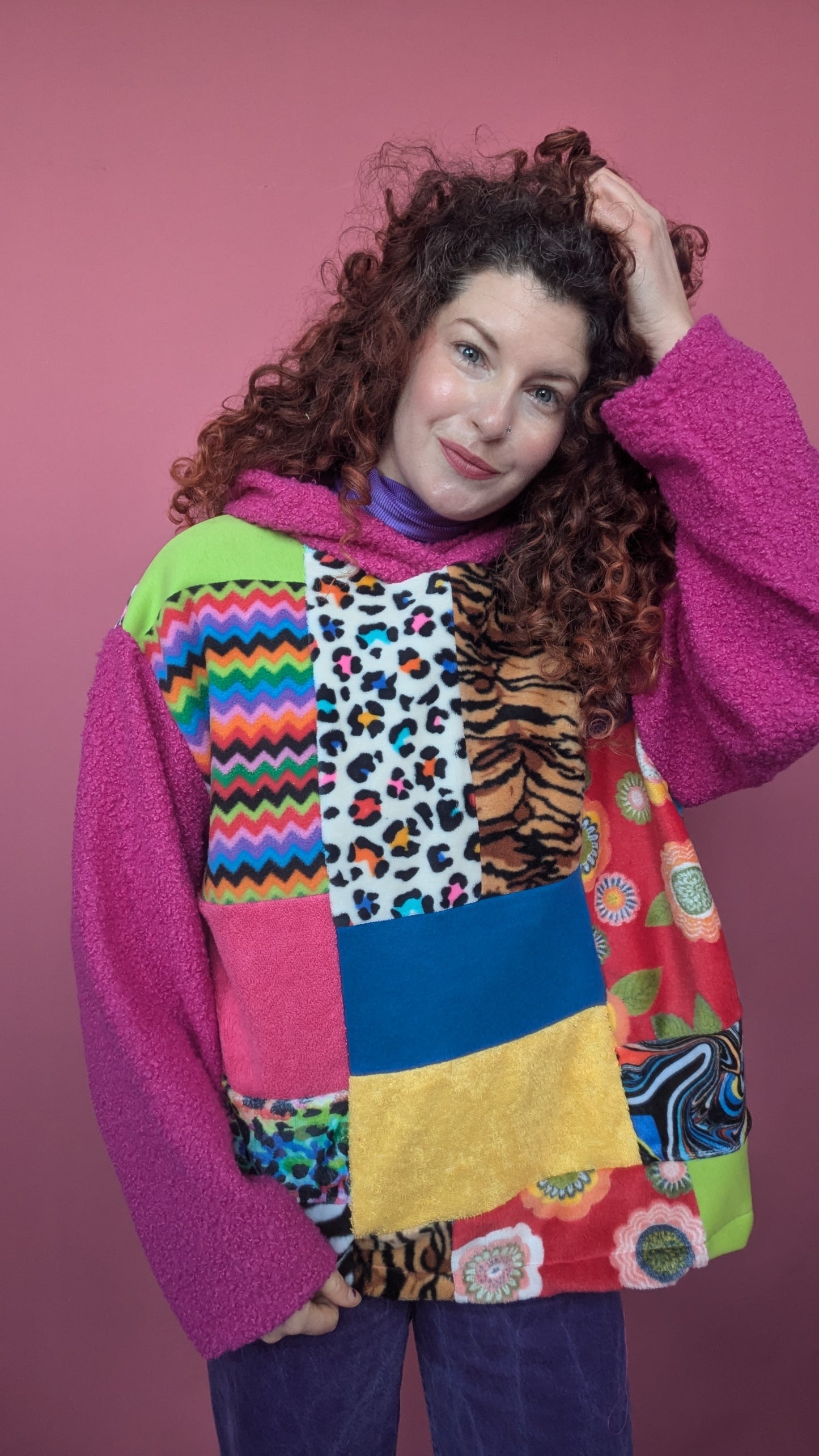 Patchwork and Magenta Boucle Hooded Pullover