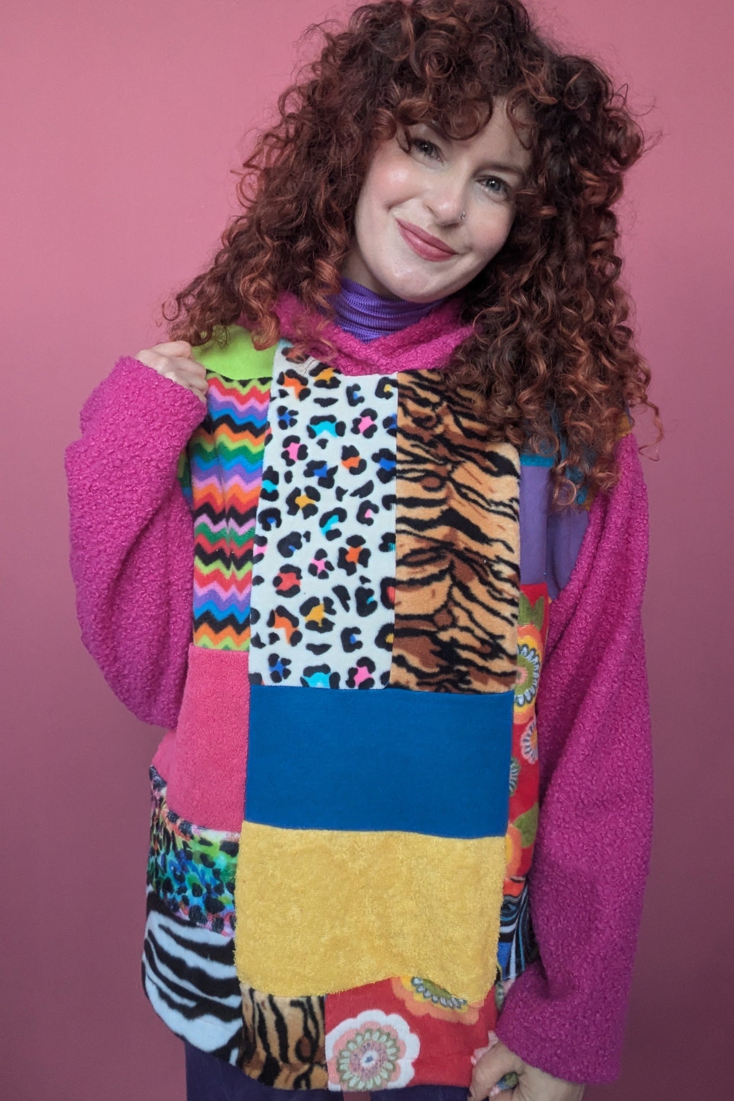 Patchwork and Magenta Boucle Hooded Pullover