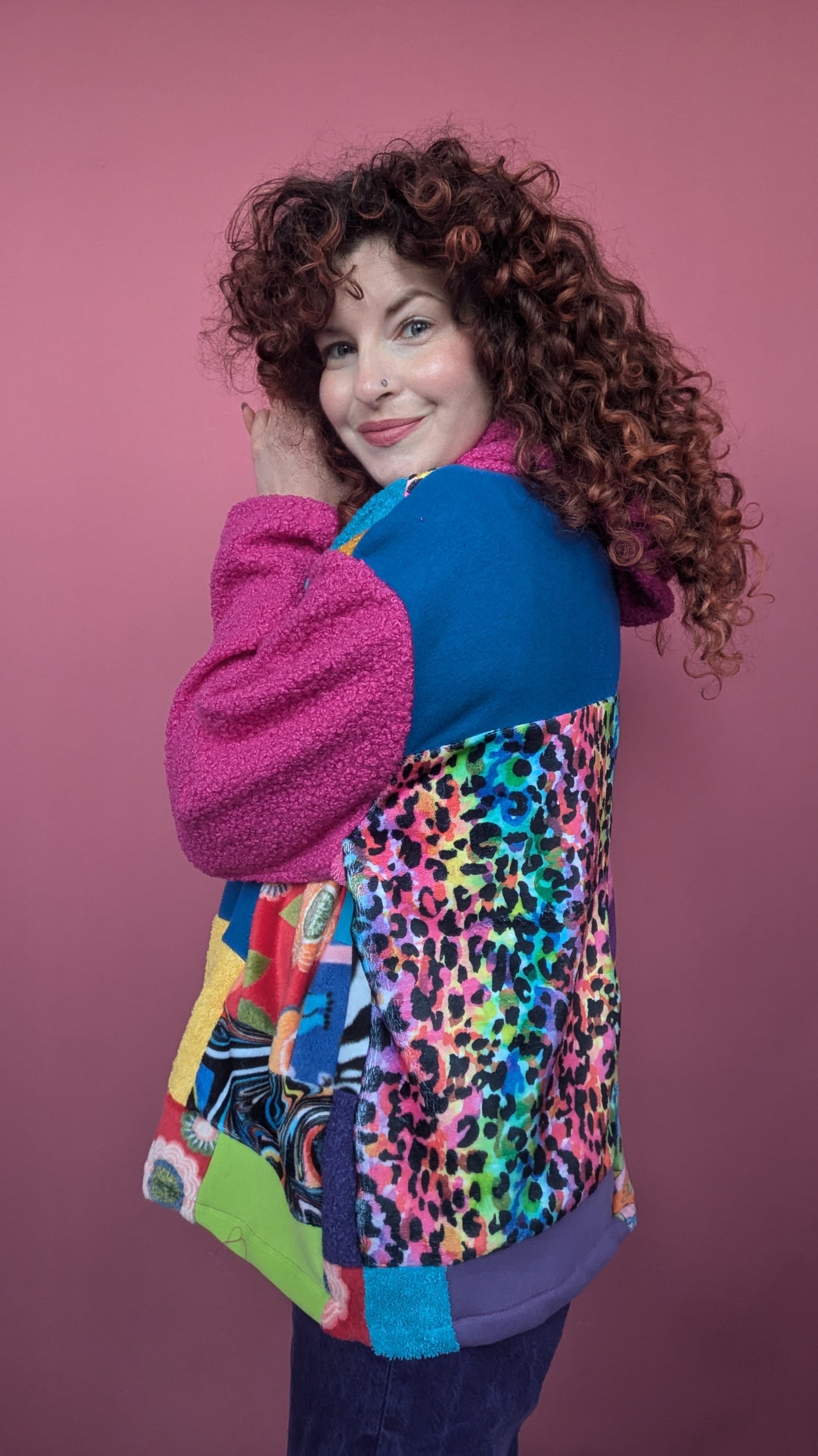 Patchwork and Magenta Boucle Hooded Pullover