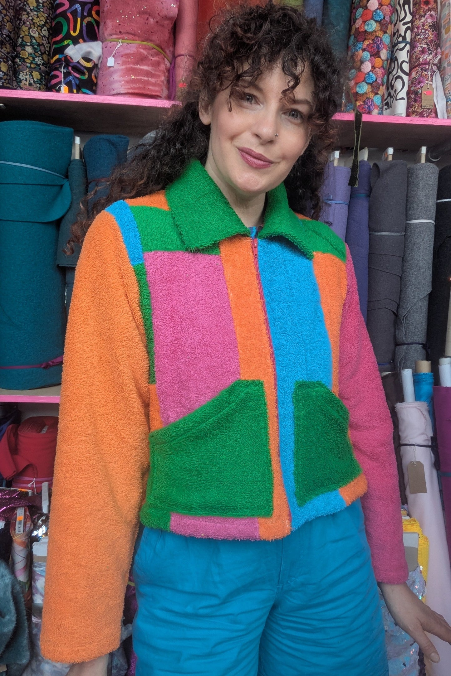 Zip-up Patchwork Box Jacket in Multi Coloured Towelling S