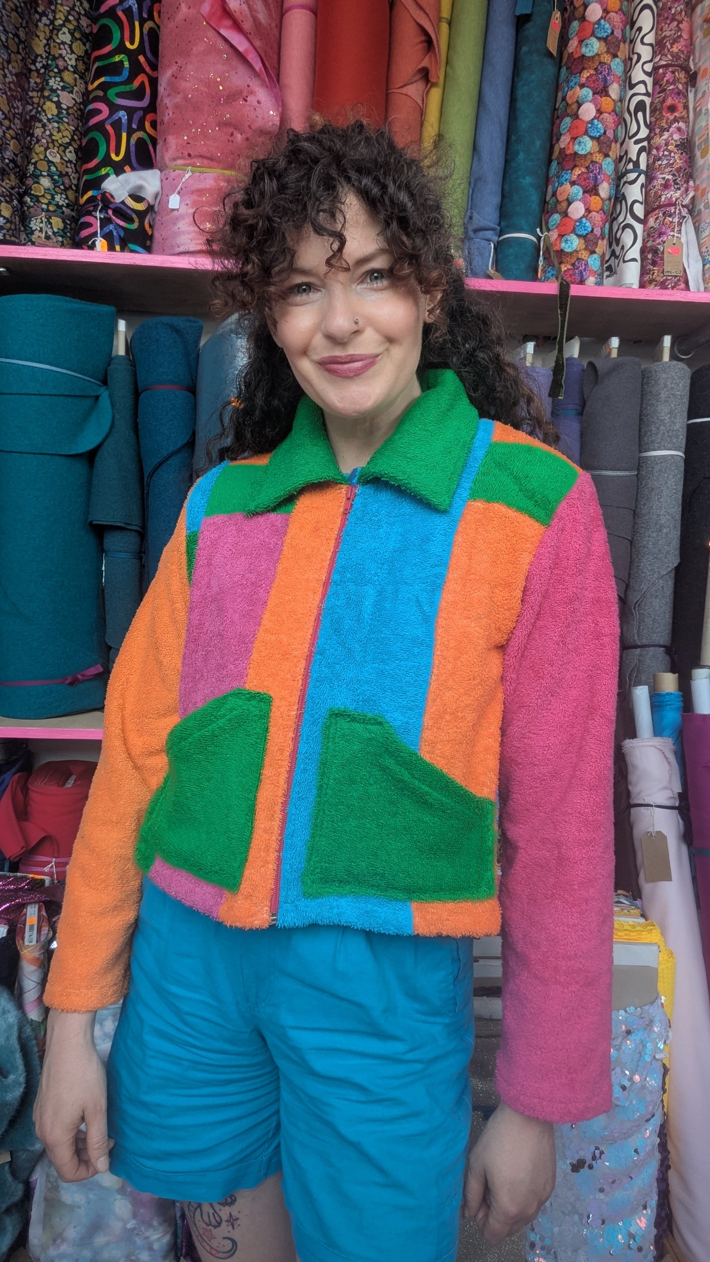Zip-up Patchwork Box Jacket in Multi Coloured Towelling S