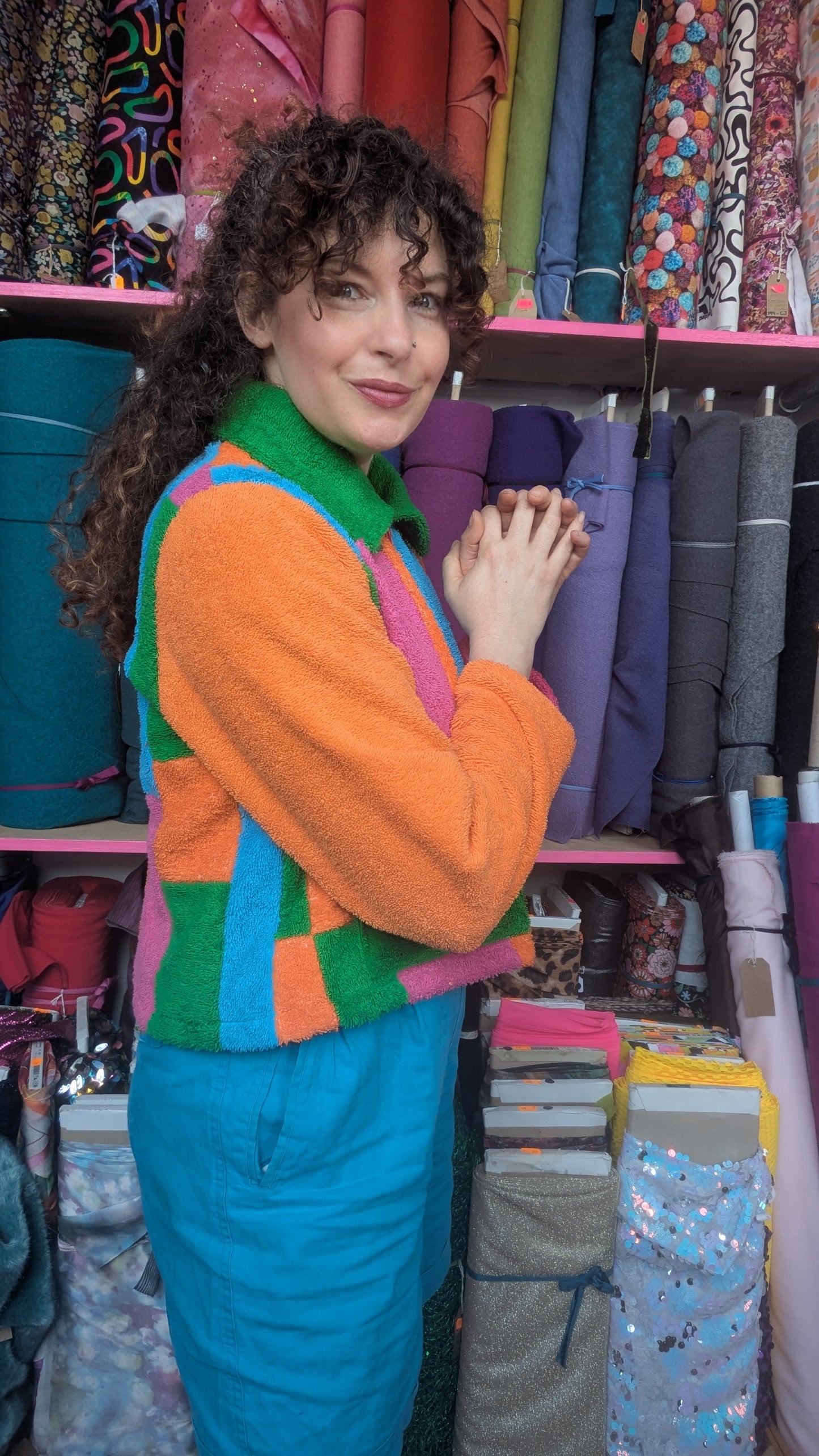 Zip-up Patchwork Box Jacket in Multi Coloured Towelling S
