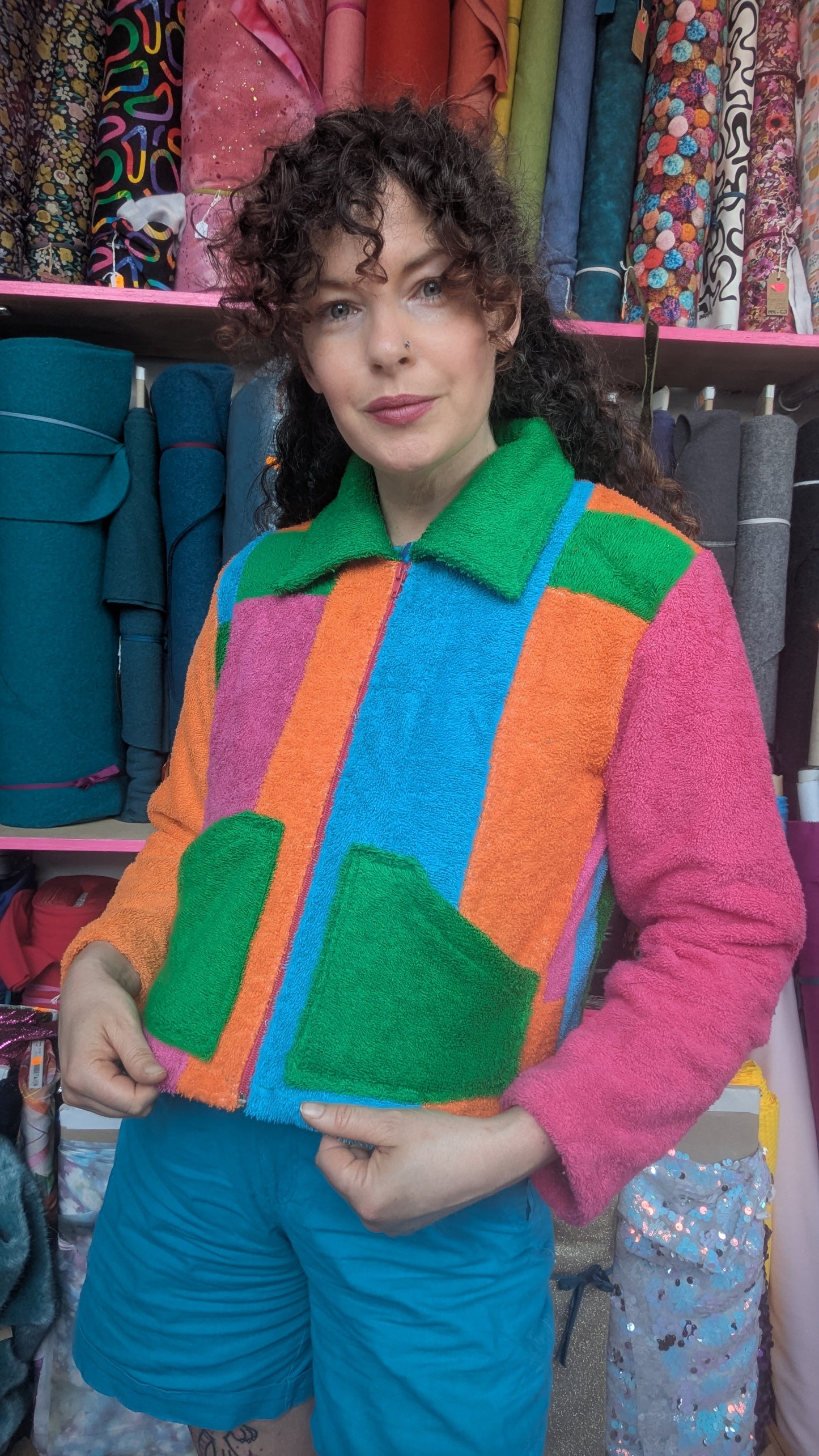 Zip-up Patchwork Box Jacket in Multi Coloured Towelling S