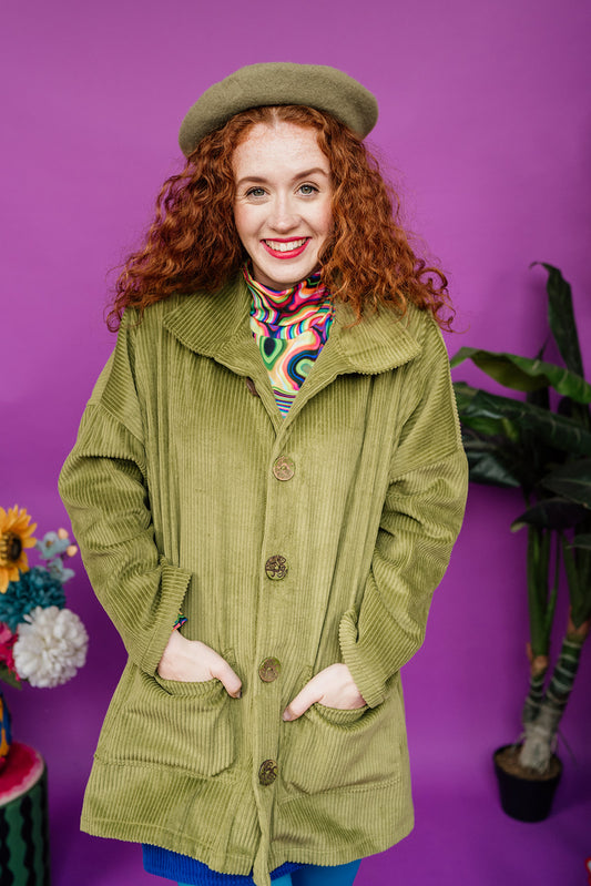 Corduroy Long Chore Jacket in Olive Green