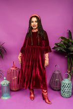 Load image into Gallery viewer, Velvet Ruffle Smock Dress in Burgundy