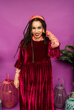 Load image into Gallery viewer, Velvet Ruffle Smock Dress in Burgundy