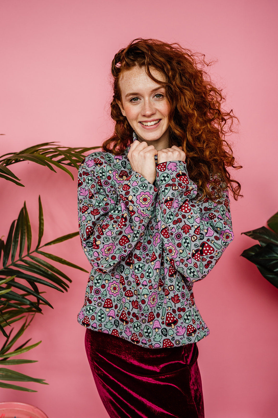 Funnel Neck Pullover in Mushroom Forest Print