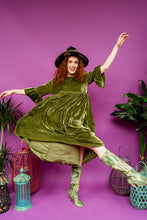 Load image into Gallery viewer, Velvet Ruffle Smock Dress in Olive Green