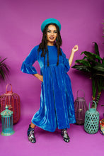 Load image into Gallery viewer, Velvet Ruffle Smock Dress in Cornflower Blue