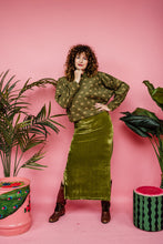 Load image into Gallery viewer, Maxi Velvet Side Split Skirt in Olive Green