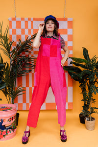 Cord Clash Dungarees in Pink and Red