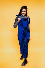 Load image into Gallery viewer, Cord Clash Dungarees in Blue Leopard Print