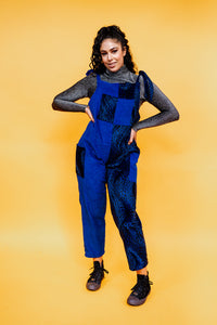 Cord Clash Dungarees in Blue Leopard Print