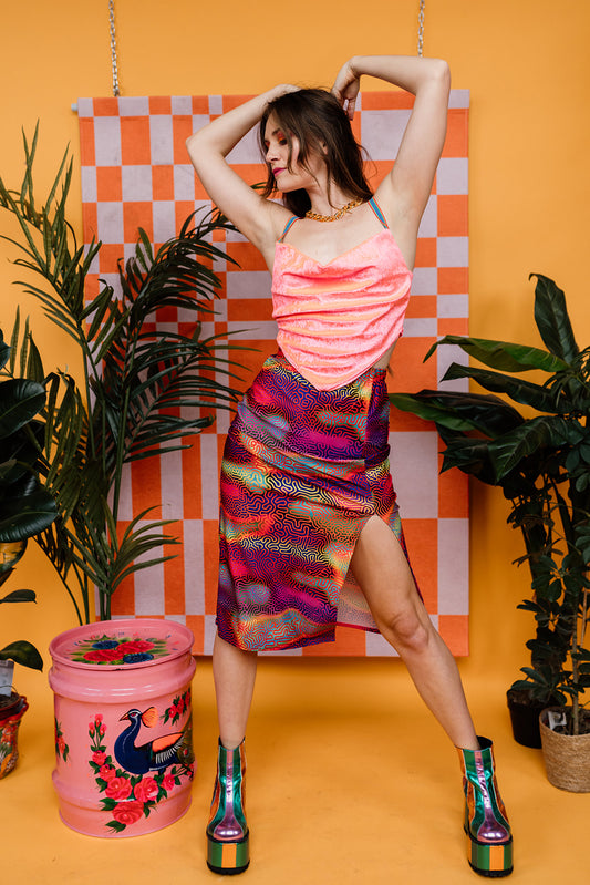 Eco Midi Split Skirt in Rainbow Amoeba