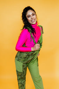 Cord Clash Dungarees in Green Leopard Print