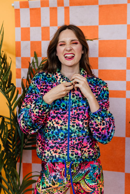 Fleece Bomber Jacket in Rainbow Leopard