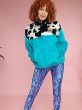 Load image into Gallery viewer, Half-Zip Pullover in Cow Fur and Blue Teddy