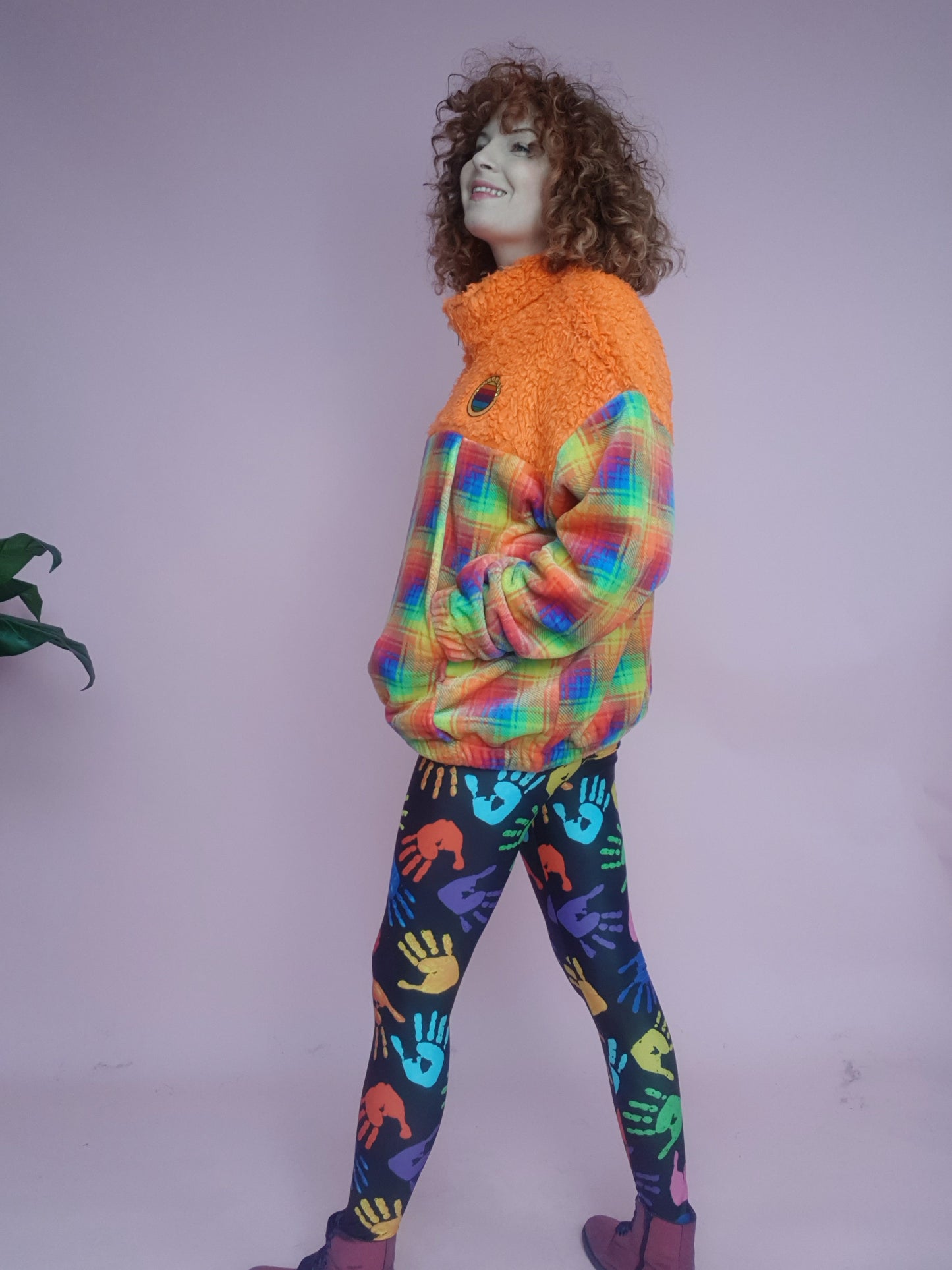 Half-Zip Pullover in Orange Teddy and Rainbow Plaid
