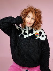 Half-Zip Pullover in Cow Fur and Black Teddy