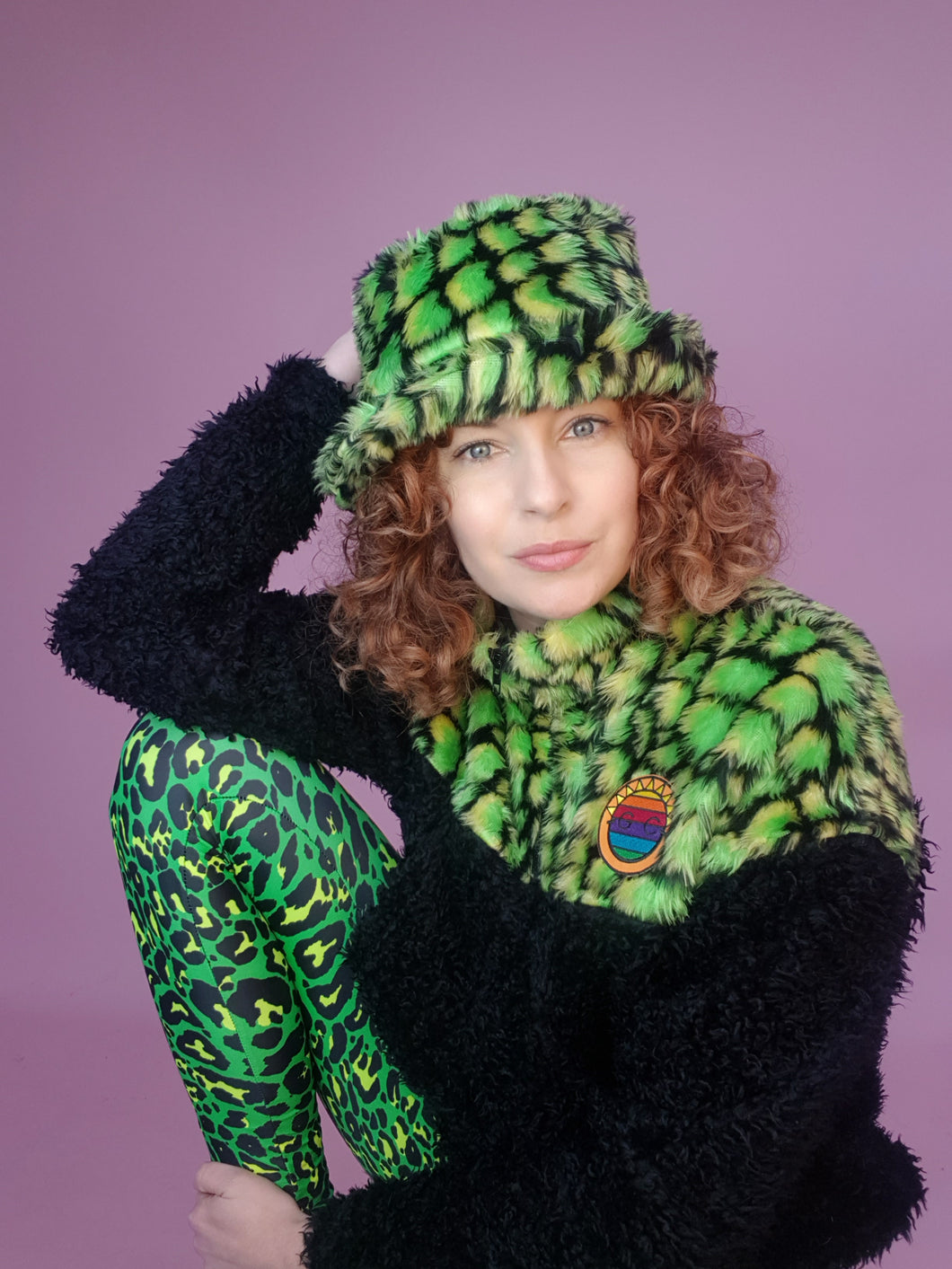 Half-Zip Pullover in Green Croc and Black Teddy