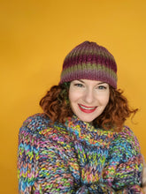 Load image into Gallery viewer, Striped Beanie Hat in Plum and Green