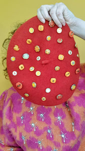 Button Embellished Beret in Red
