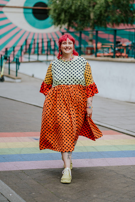 Ruffle Smock Dress in Rainbow Polka Dot