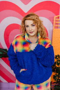 Half-Zip Pullover in Rainbow Plaid and Blue Teddy