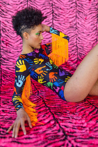 Fringe Bodysuit in Hand Print with Orange fringing. - Bodysuits - Megan Crook
