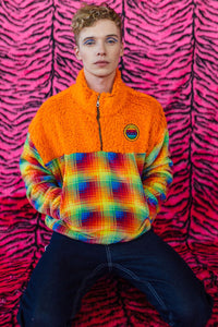 Half-Zip Pullover in Orange Teddy and Multi Fleece. - Jumper - Megan Crook