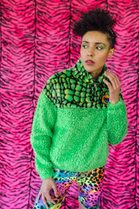 Half-Zip Pullover in Green Croc and Green Teddy. - Jumper - Megan Crook