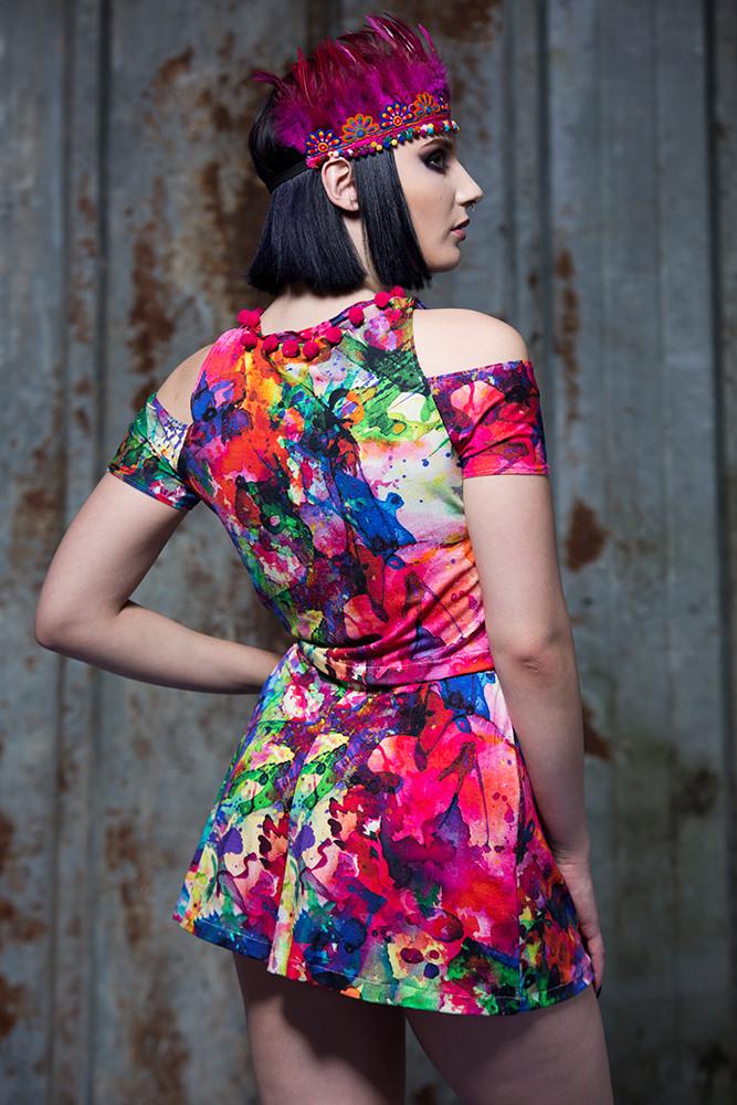 Cold Shoulder Crop Top in Rainbow Watercolour Digital Print Jersey - Top - Megan Crook