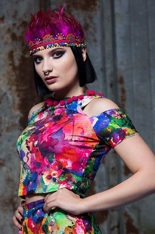 Cold Shoulder Crop Top in Rainbow Watercolour Digital Print Jersey - Top - Megan Crook