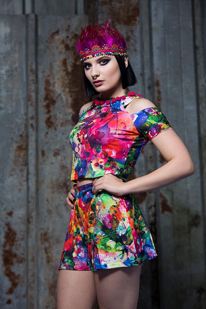 Cold Shoulder Crop Top in Rainbow Watercolour Digital Print Jersey - Top - Megan Crook