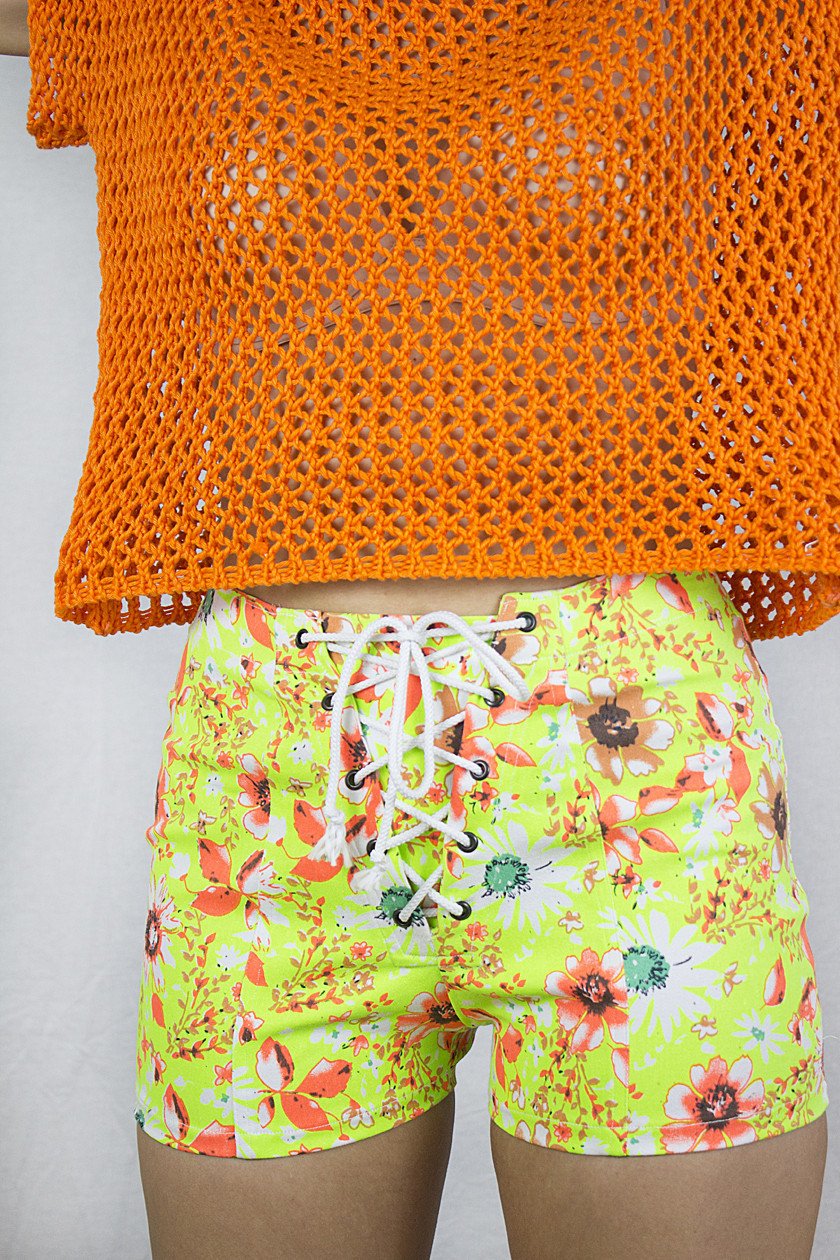 Neon Corset Shorts in Green Stretch Denim - Shorts - Megan Crook