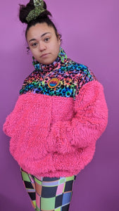 Half-Zip Pullover in Rainbow Leopard and Pink Teddy